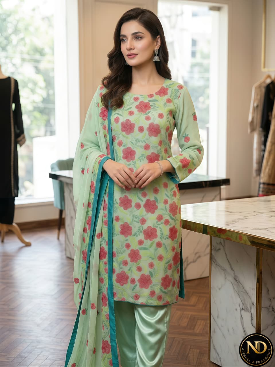 The Royal Handcrafted Elegance: Pure Chiffon Embroidered Suit with Simple Trousers - Image 3