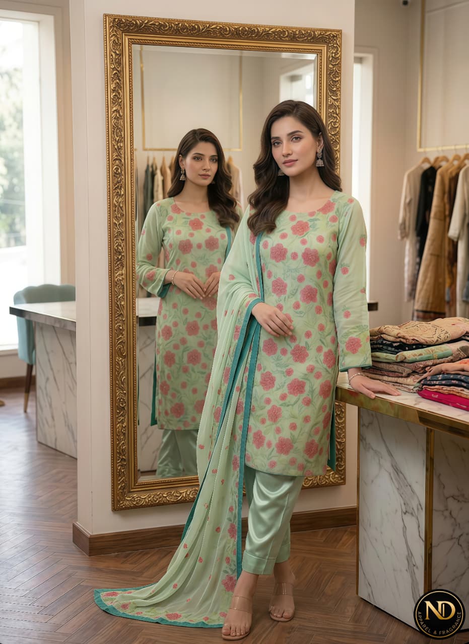 The Royal Handcrafted Elegance: Pure Chiffon Embroidered Suit with Simple Trousers