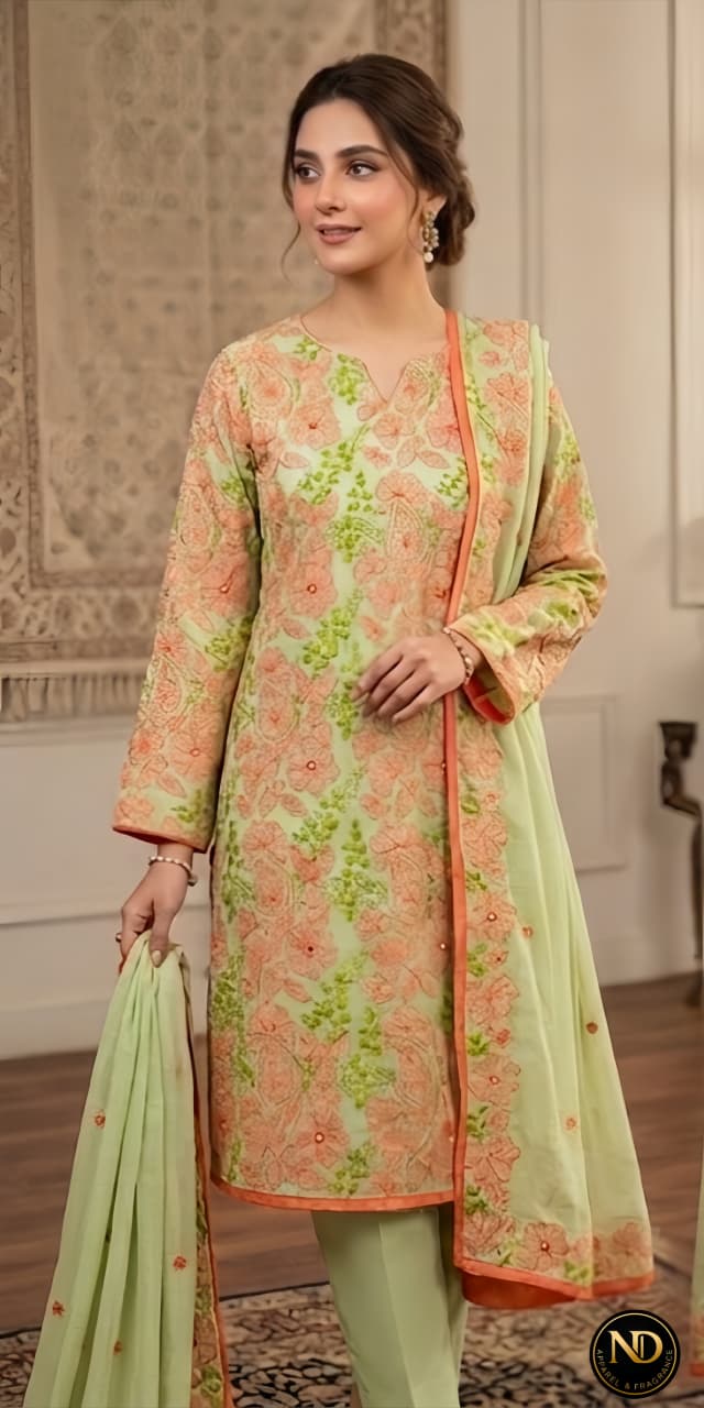 Elegant Mint Floral: Pastel Green Embroidered 3-Piece Suite