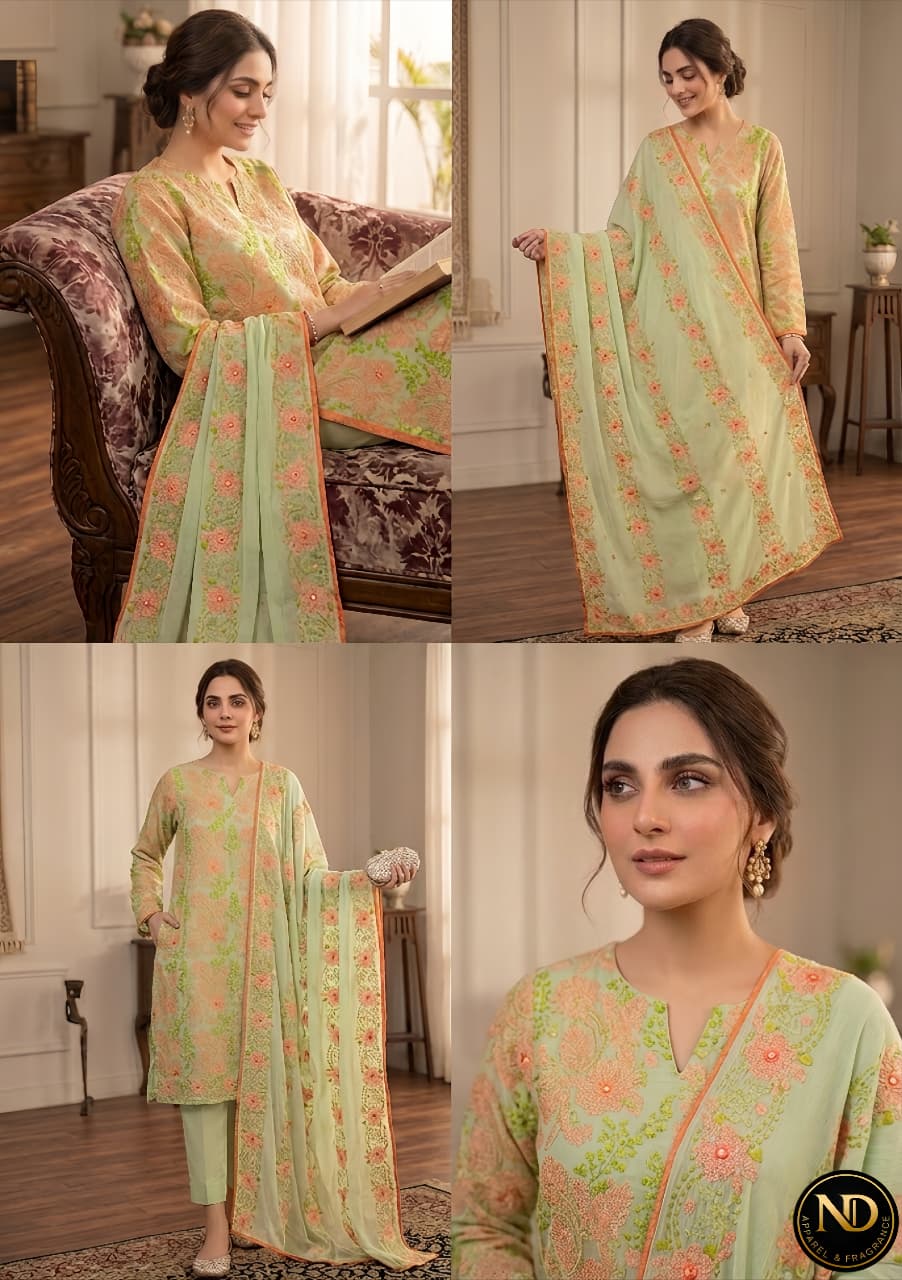 Elegant Mint Floral: Pastel Green Embroidered 3-Piece Suite - Image 2