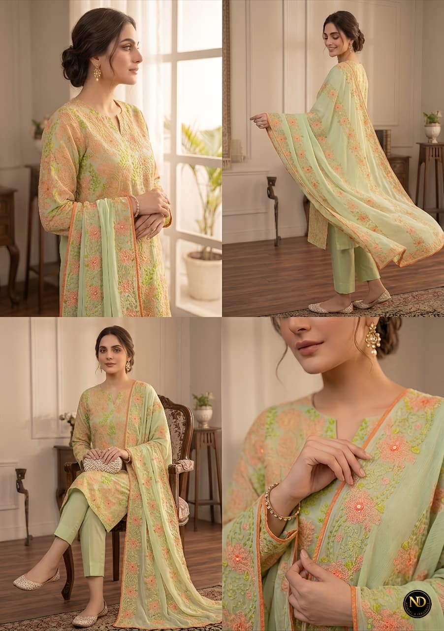 Elegant Mint Floral: Pastel Green Embroidered 3-Piece Suite - Image 3
